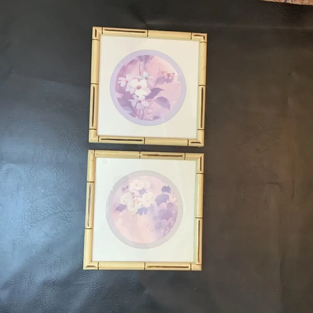 Bamboo Framed Floral Butterfly Prints 11 In Square Set 2 Included Wall Hanging